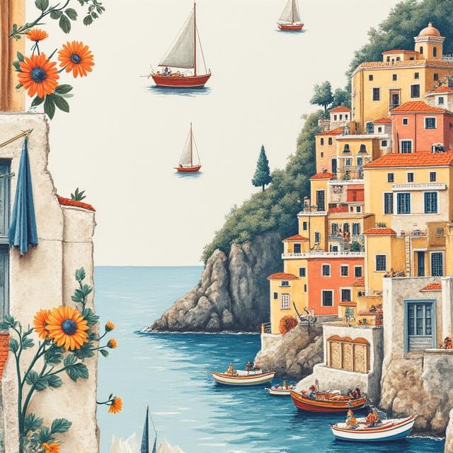 Dettaglio della carta da parati della collezione Costiera con motivi di borghi marinari