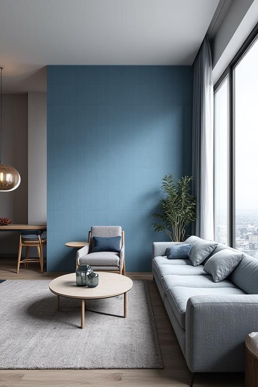 Salotto moderno con parete d'accento decorata con carta da parati Corallo Carta, tonalità blu del mare